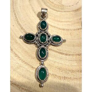 Artisan Sterling Silver Green Onyx Cross Pendant Southwestern Whimsigoth grunge